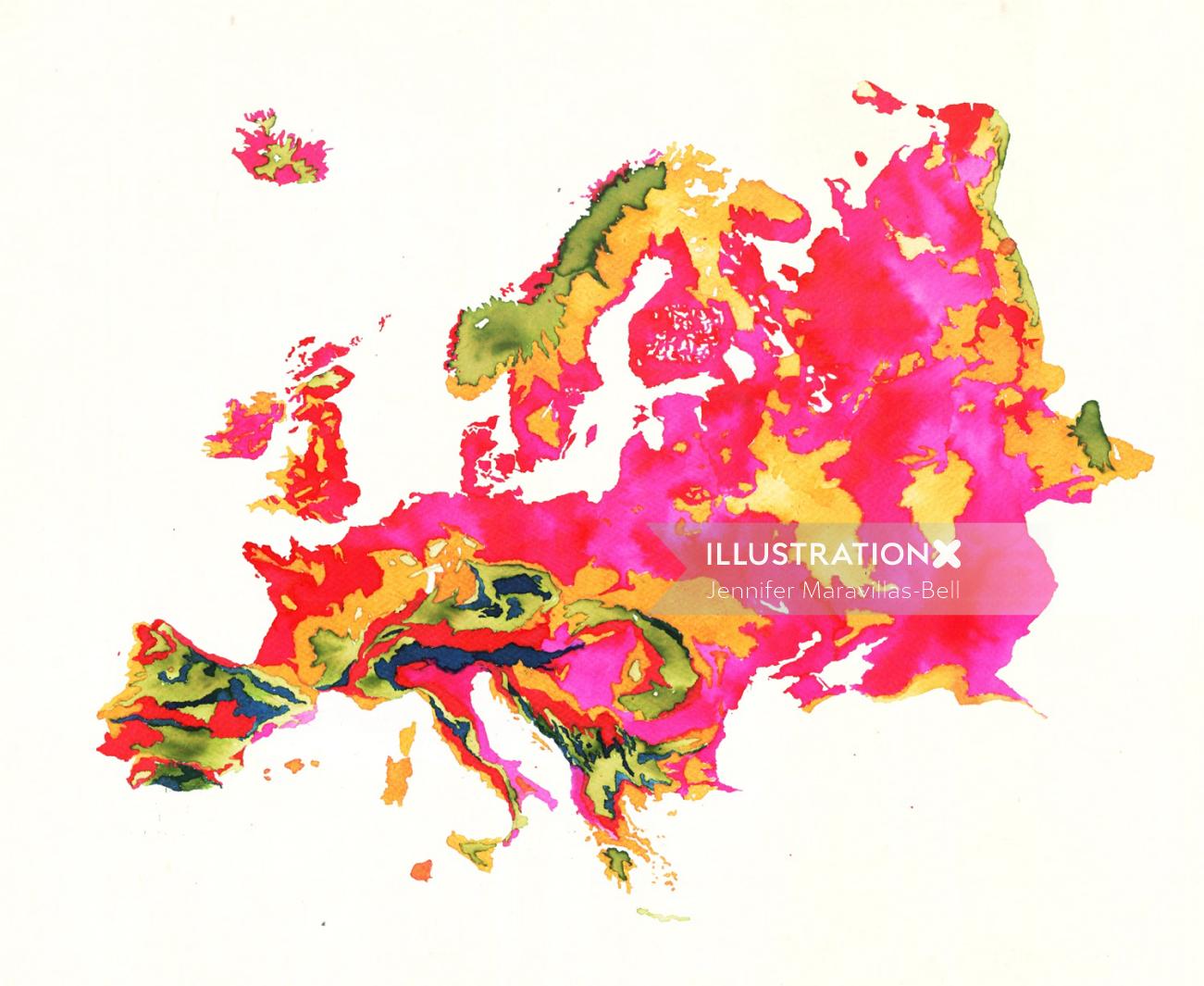 Mapa da Europa pintado sobre papel