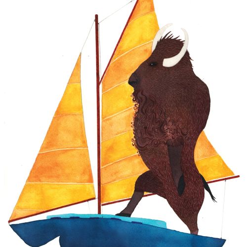 Line and color work of Bison on a boat