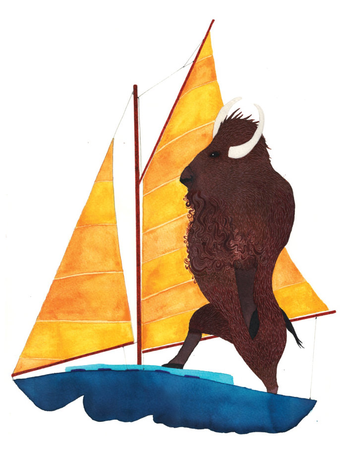 Travail du trait et de la couleur de Bison sur un bateau