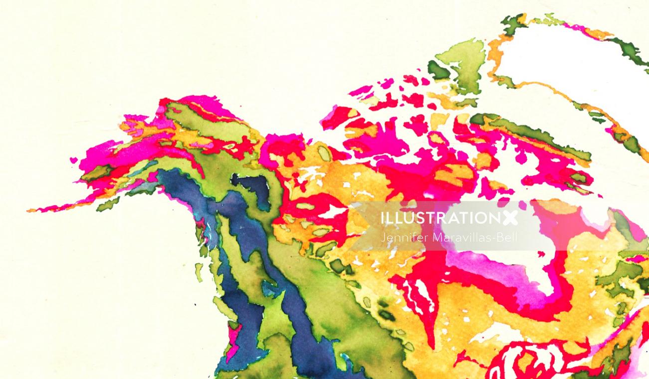 Ilustração colorida do mapa do continente norte-americano
