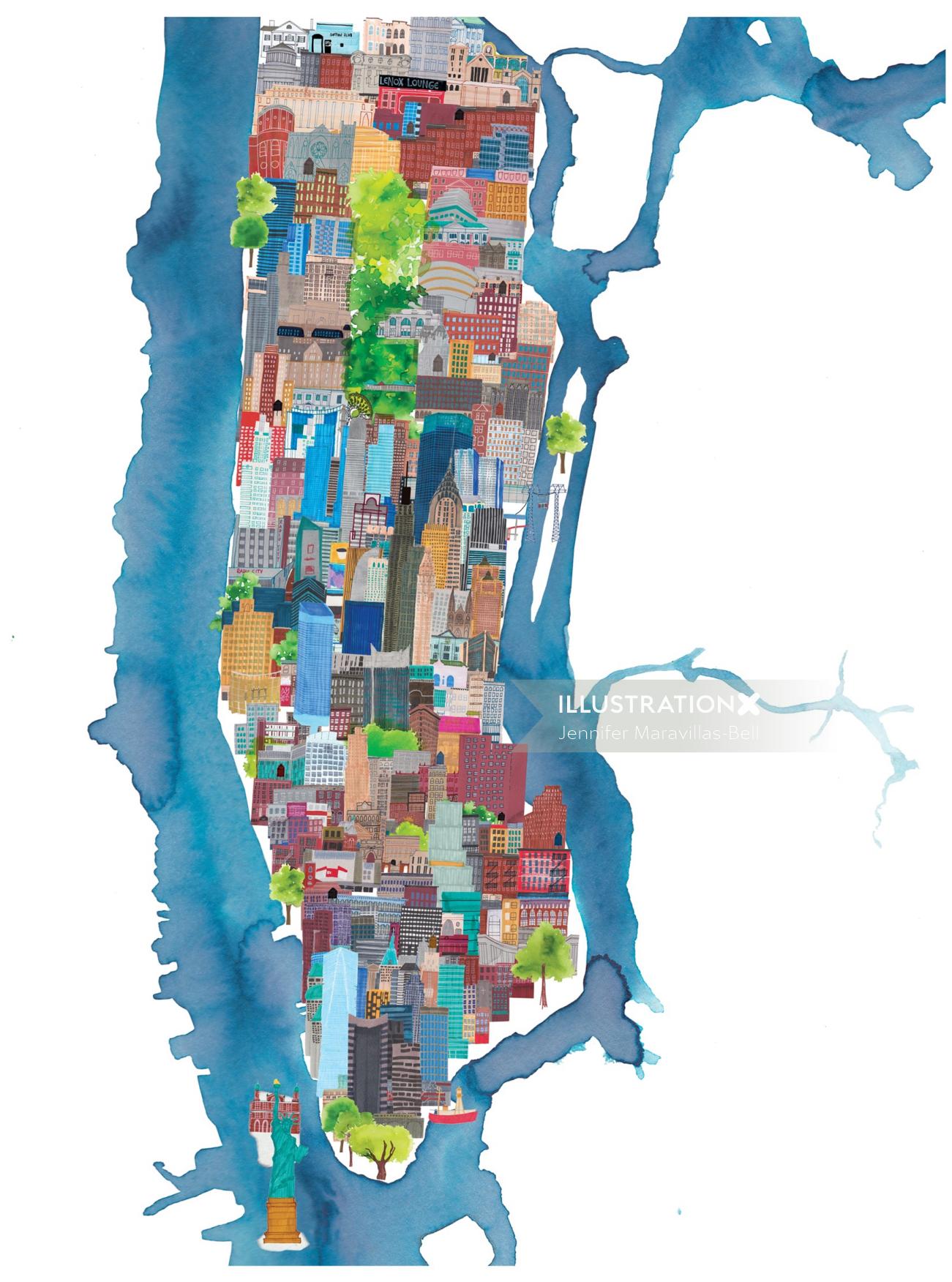 水彩で描いたニューヨークの街並み