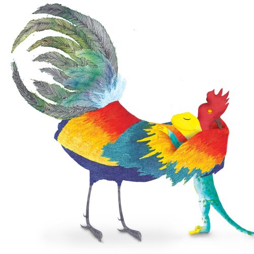 An illustration of Rooster and lizard hug 