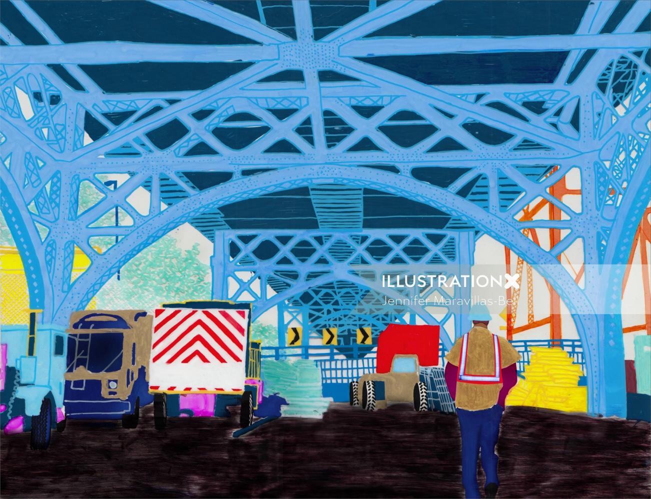 Una ilustración del pie del ferrocarril sobre el puente