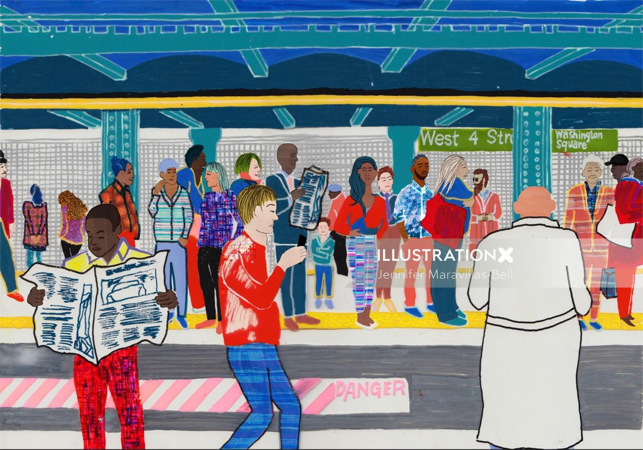 Una ilustración de personas en la estación de tren