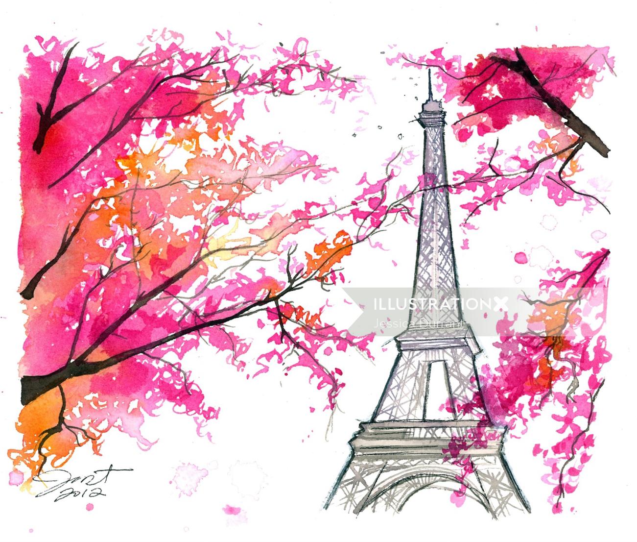 Floral painting of Eiffel Tower