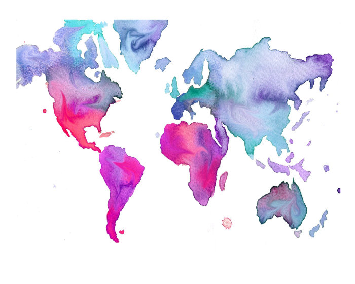 mapa do mundo pintado em aquarela