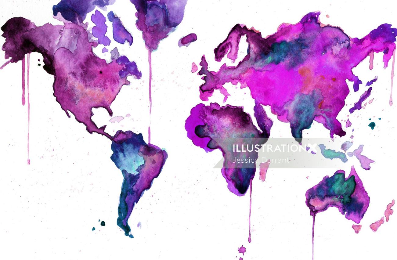 Watercolor world map done on paper