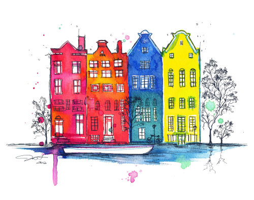 Watercolour drawn of Amsterdam buildings