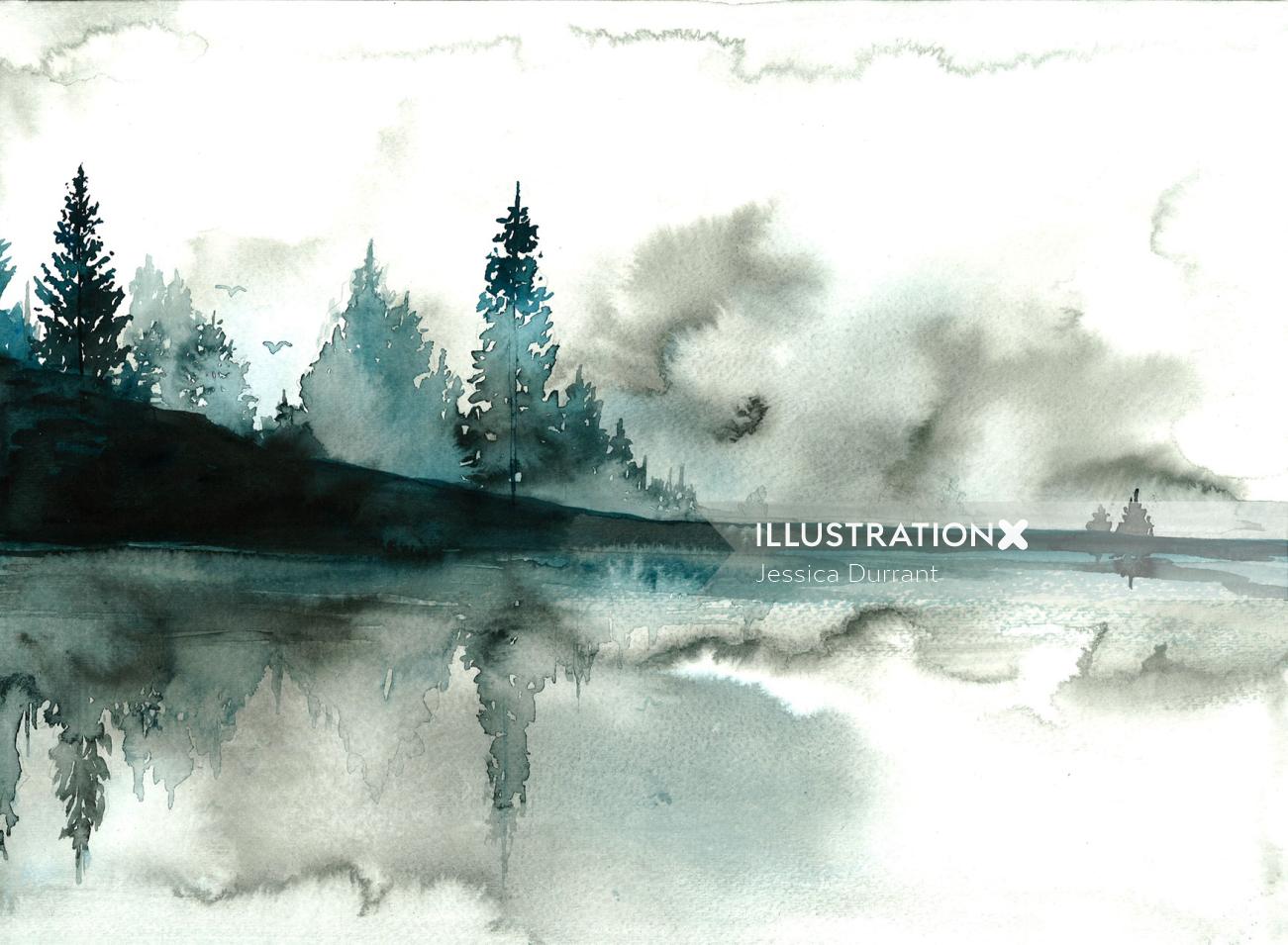 Beyond the Pines mountain watercolor art