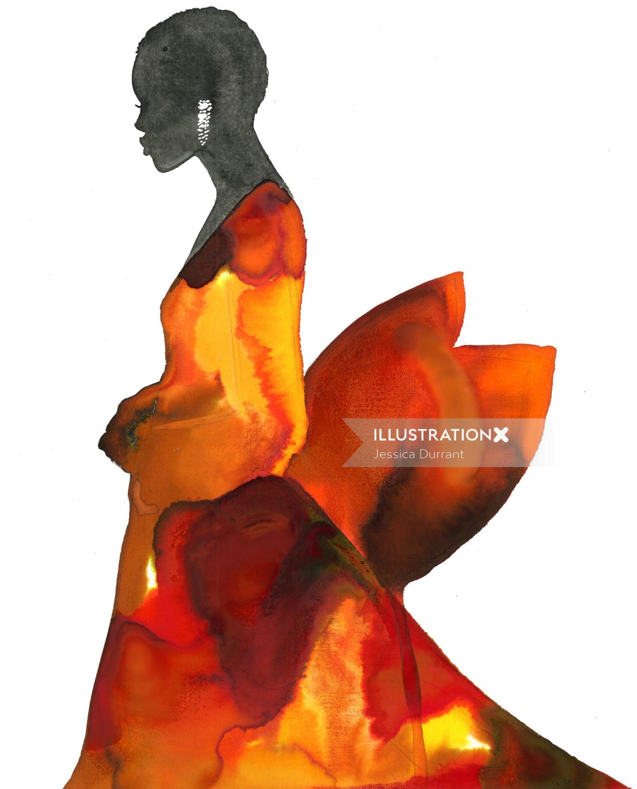 Watercolor Fashion beauty in Lava dress
