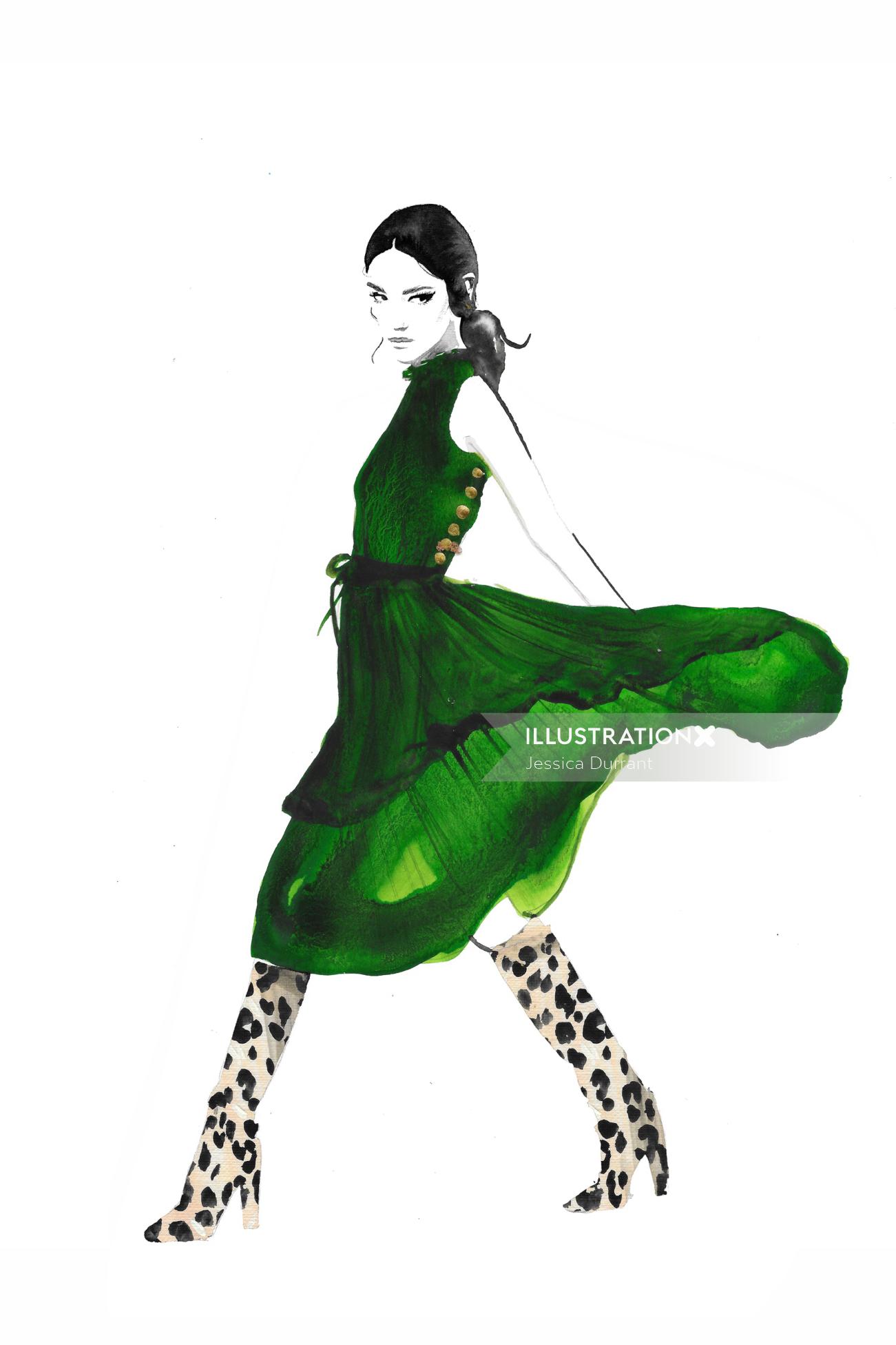 Fashion Green dress with boots