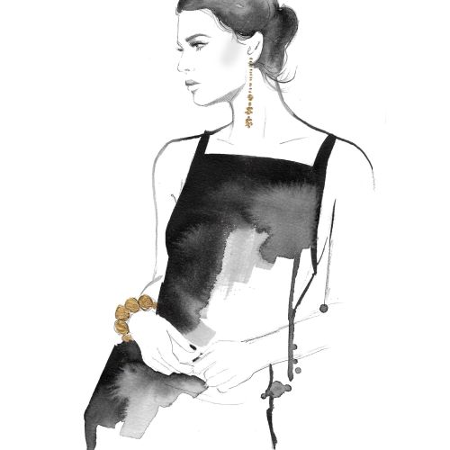 Watercolor art of model posing in black dress