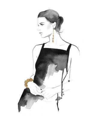 Arte em aquarela de modelo posando em vestido preto