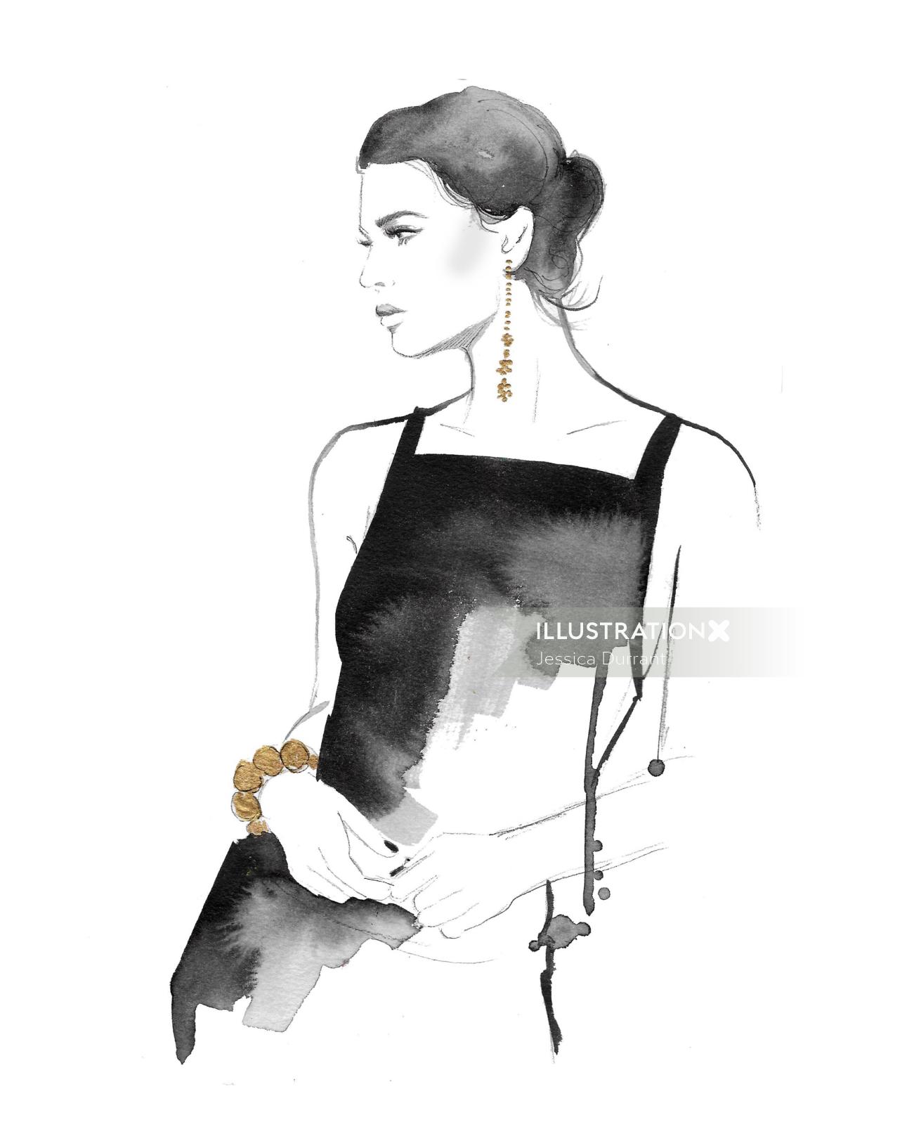 Watercolor art of model posing in black dress