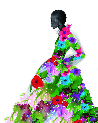花柄のドレスを着た水彩画モデル