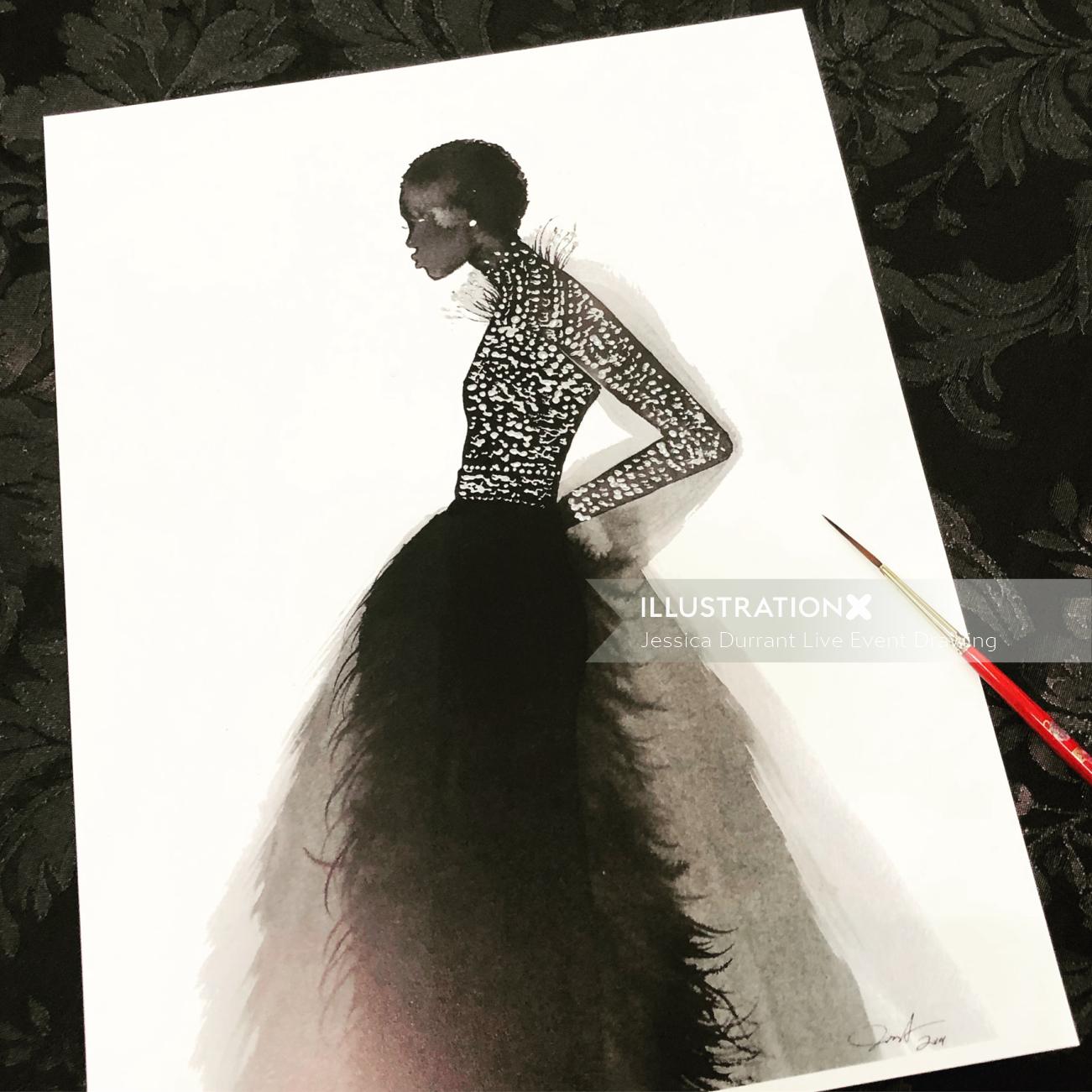 Live event drawing of woman in black dress