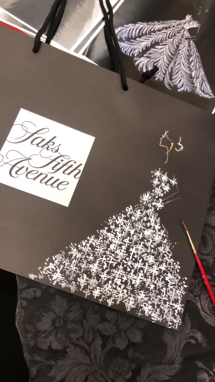 Live event drawing of glittery dress at saks fifth avenue