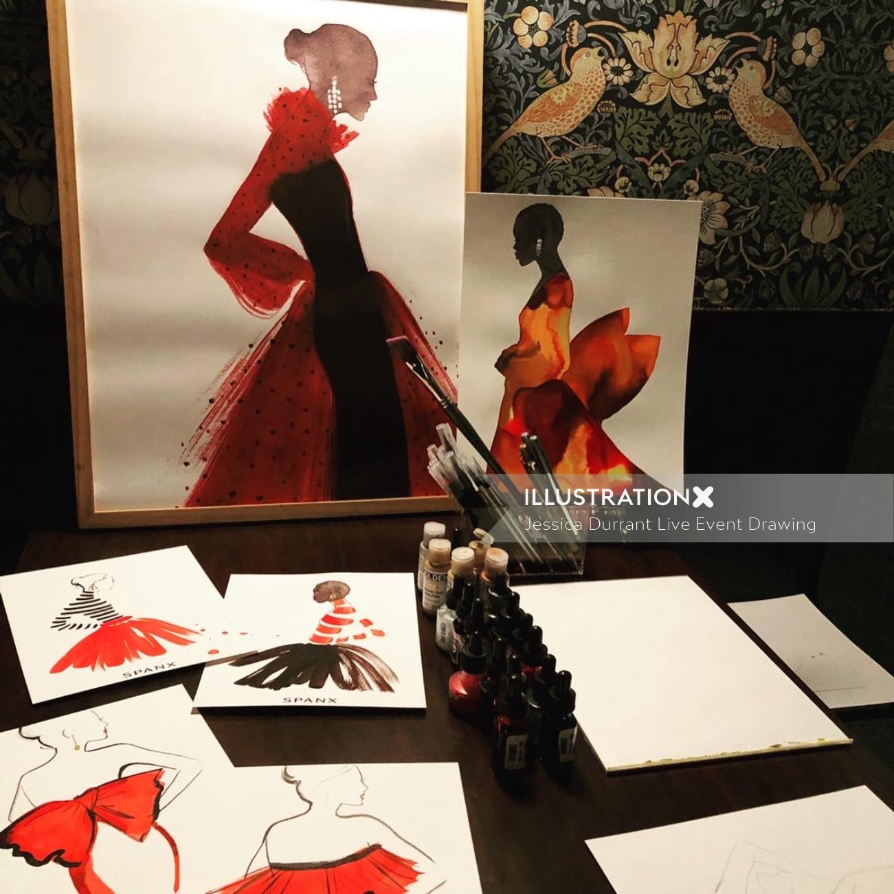 赤いドレスを着た女性のライブイベントの描画