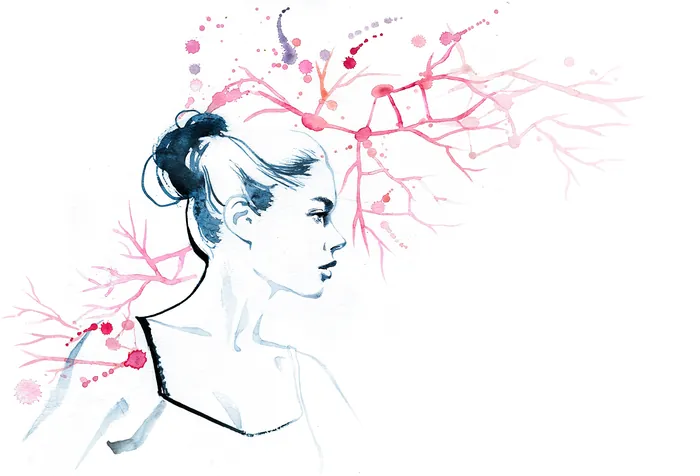 Profile of a woman with blossoming pink branches by Jessine Hein