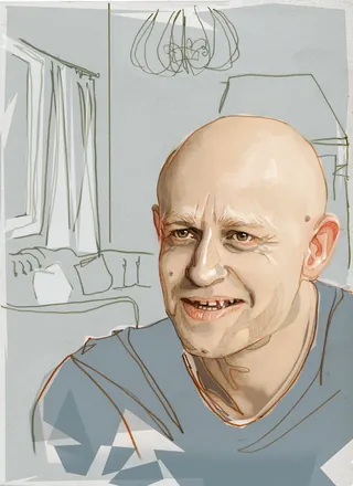 Digital portrait of a smiling bald man indoors by Jessine Hein