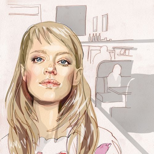 Watercolor portrait of blonde woman in minimal interior by Jessine Hein