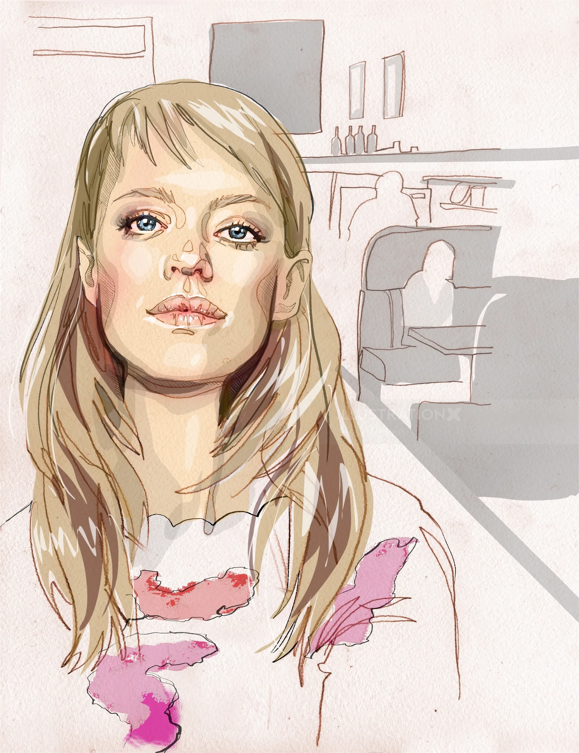 Watercolor portrait of blonde woman in minimal interior by Jessine Hein