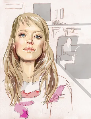 Watercolor portrait of blonde woman in minimal interior by Jessine Hein