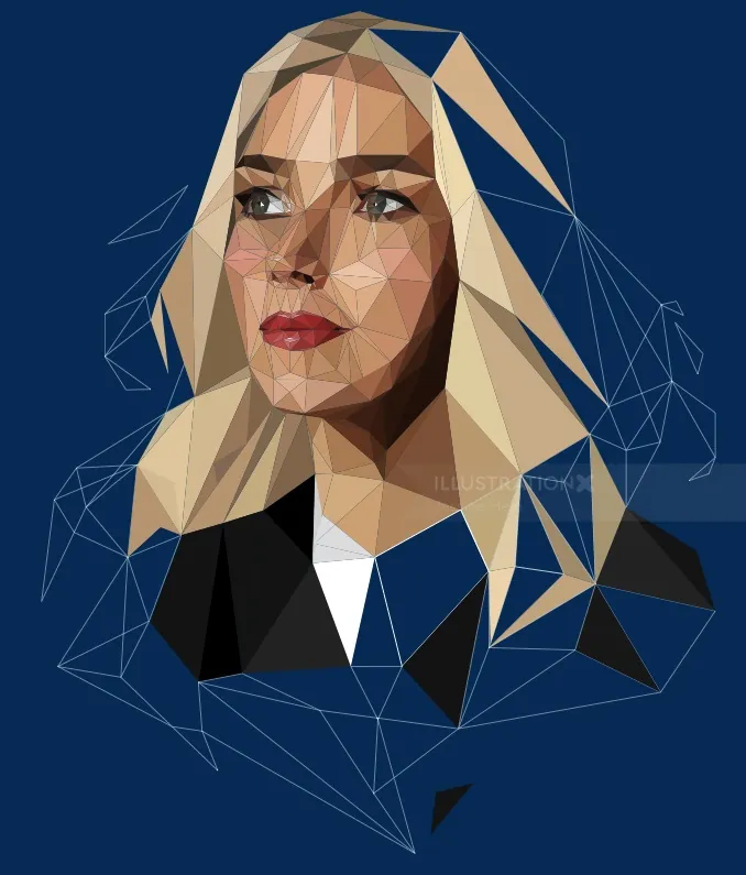Low poly portrait of a blonde woman with blue eyes and red lips by Jessine Hein