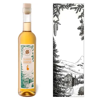 Tall bottle with golden liquor and scenic label by Jessine Hein