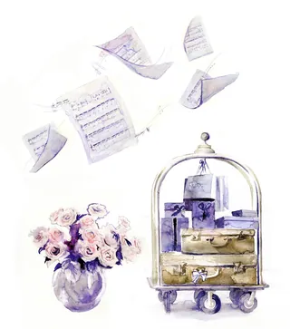 Watercolor painting of pink roses in vase and vintage bellcart with luggage, by Jessine Hein