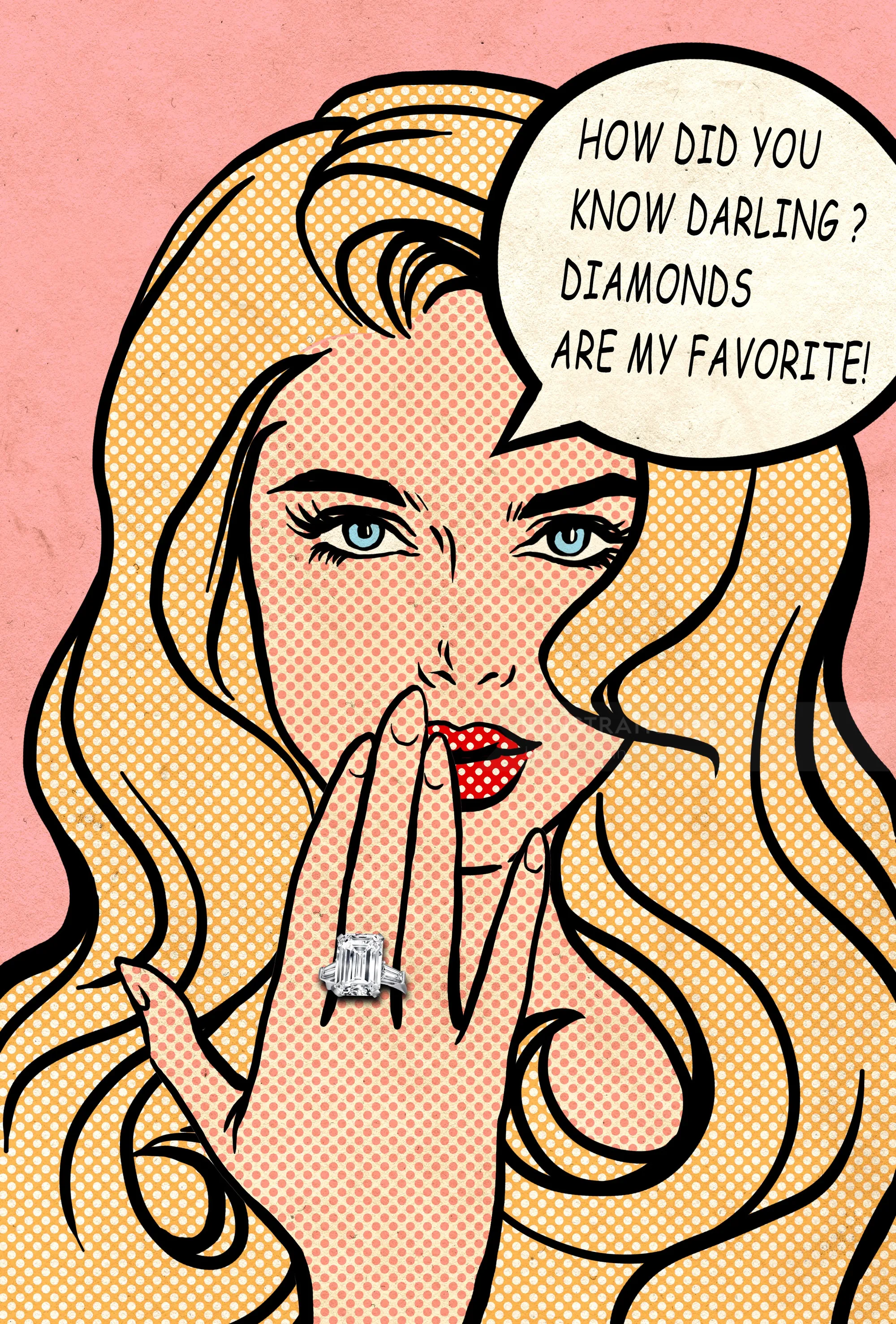 Pop art woman with diamond ring saying diamonds are her favorite by Jessine Hein