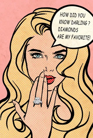 Pop art woman with diamond ring saying diamonds are her favorite by Jessine Hein