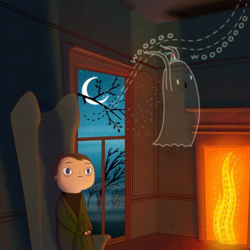 A girl sitting near a fireplace with a friendly ghost, by Jessine Hein