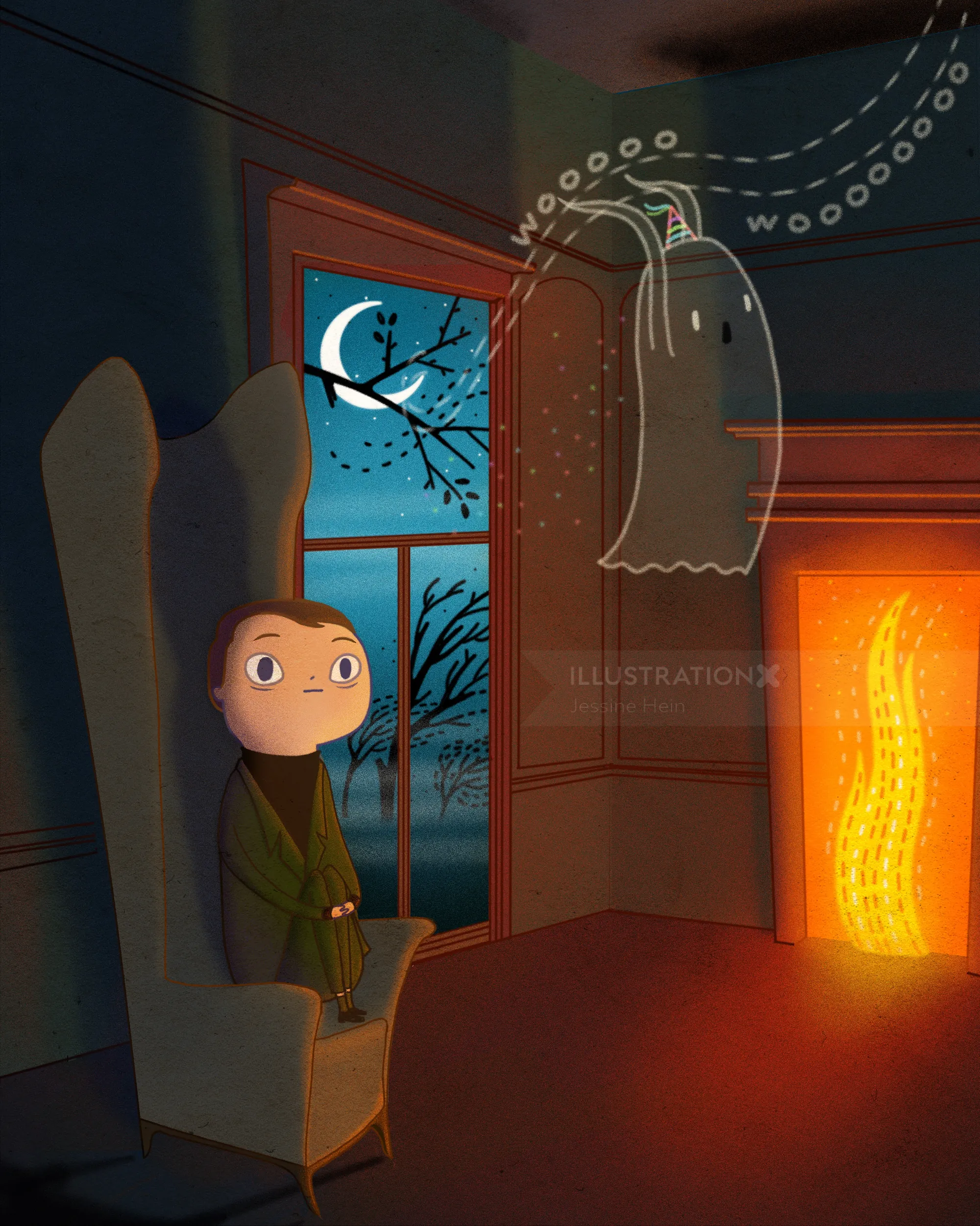 A girl sitting near a fireplace with a friendly ghost, by Jessine Hein