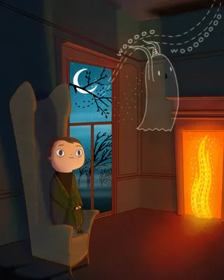 A girl sitting near a fireplace with a friendly ghost, by Jessine Hein