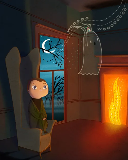 A girl sitting near a fireplace with a friendly ghost, by Jessine Hein