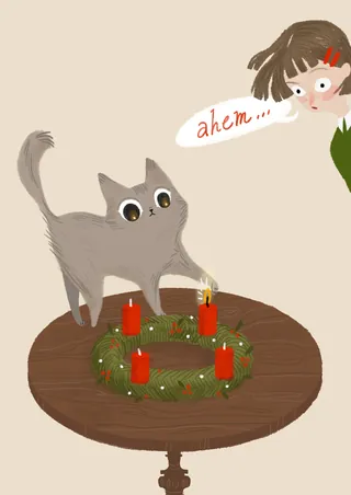 Gray cat lighting advent wreath candle with girl watching surprised by Jessine Hein