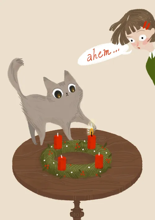 Gray cat lighting advent wreath candle with girl watching surprised by Jessine Hein