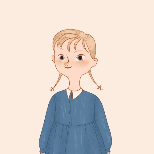 Illustration of a girl in a blue dress with braided hair by Jessine Hein