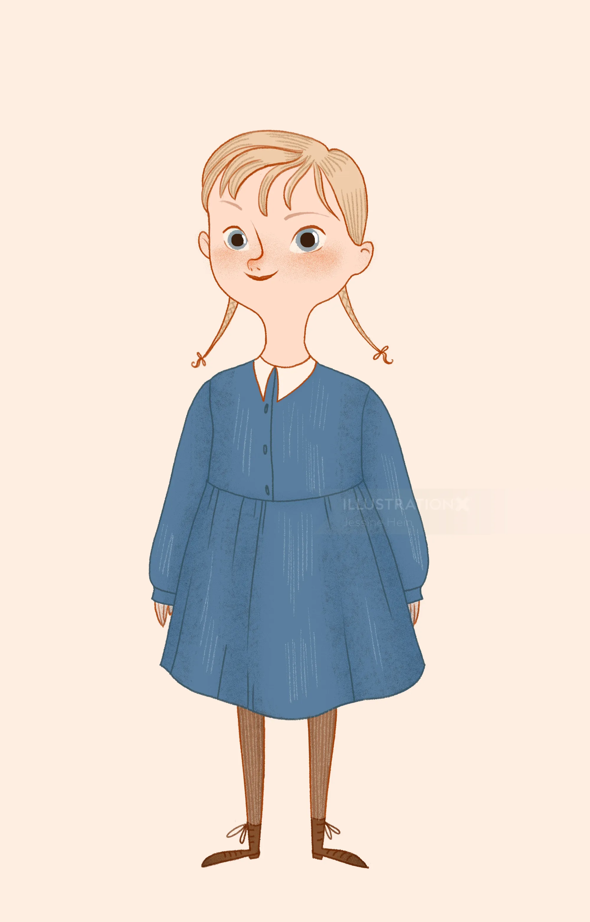 Illustration of a girl in a blue dress with braided hair by Jessine Hein