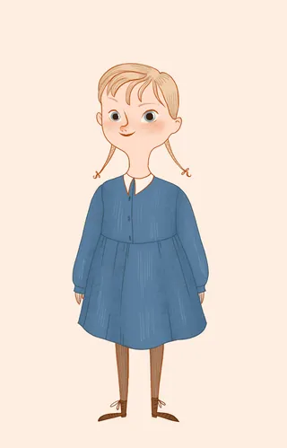 Illustration of a girl in a blue dress with braided hair by Jessine Hein