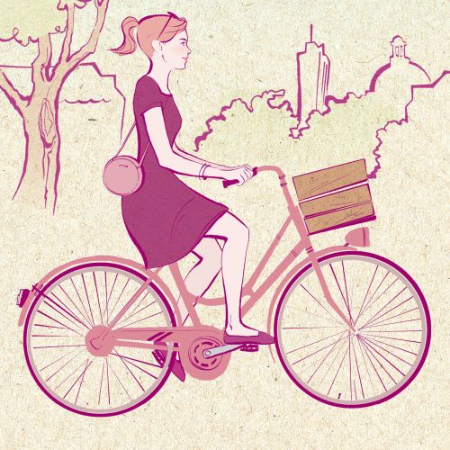 Watercolor painting of girl with cycle 