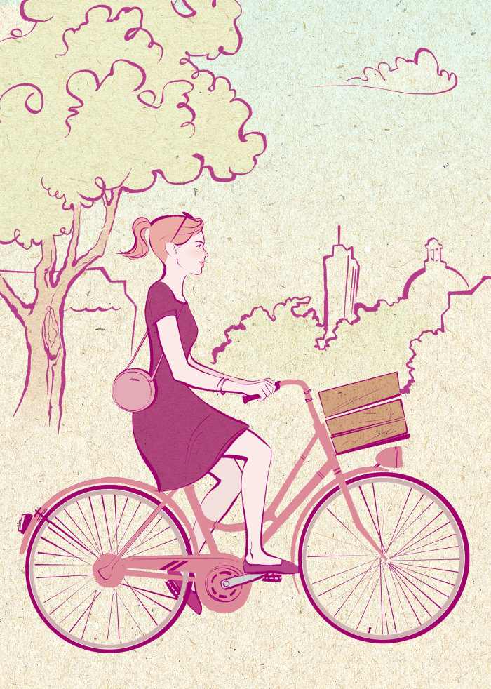 Watercolor painting of girl with cycle 