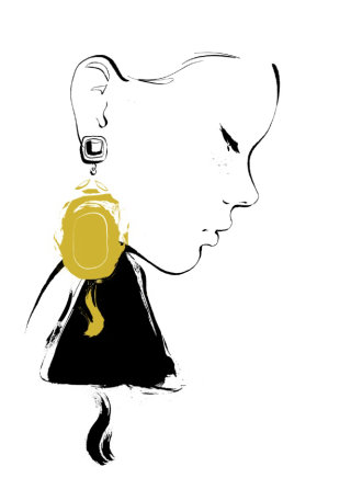 Arte lineal de mujeres con aretes dorados. 