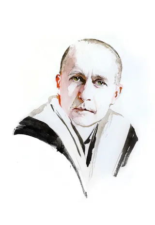 Watercolor portrait of a bald man in robe by Jessine Hein