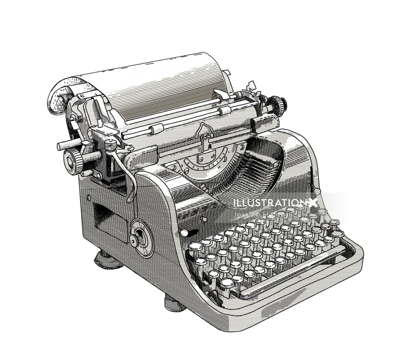 Ilustração a preto e branco da máquina de escrever