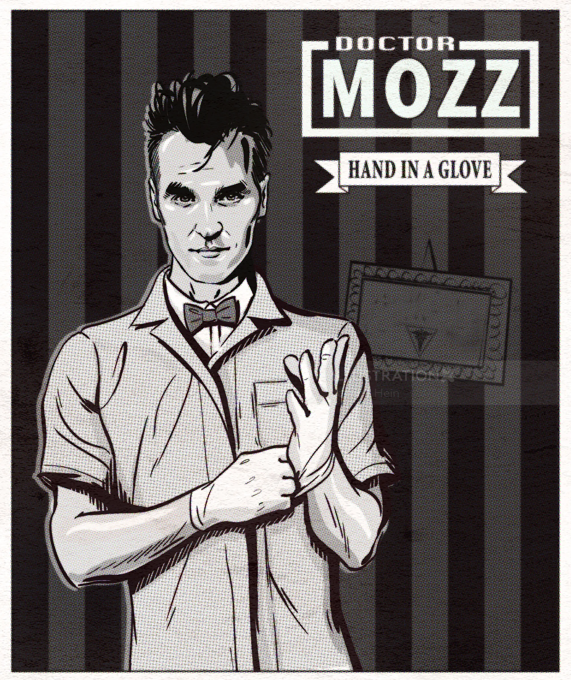 Illustration of Doctor Mozz putting on a glove by Jessine Hein