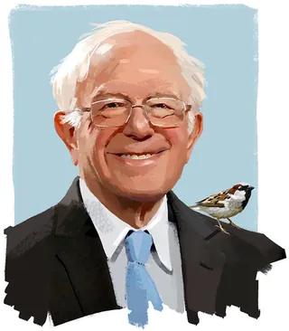 Digital portrait of Bernie Sanders smiling with a bird on his shoulder by Jessine Hein