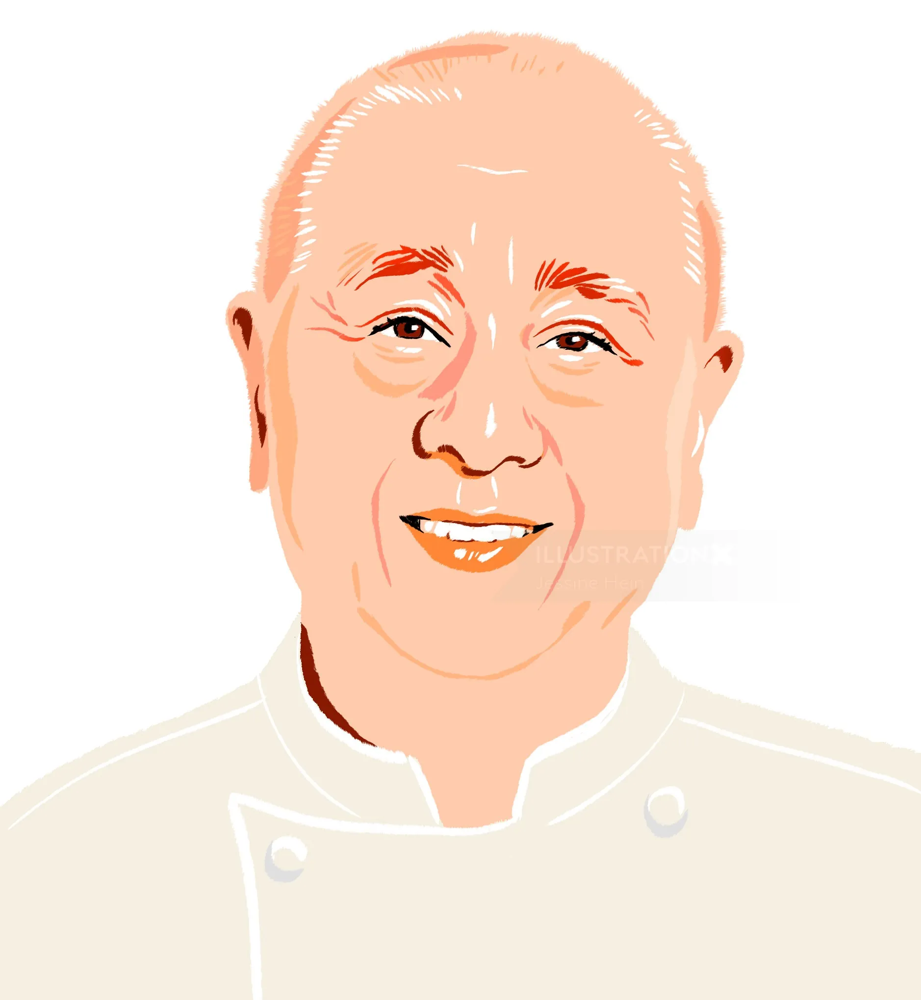 Smiling bald man in white chef uniform by Jessine Hein