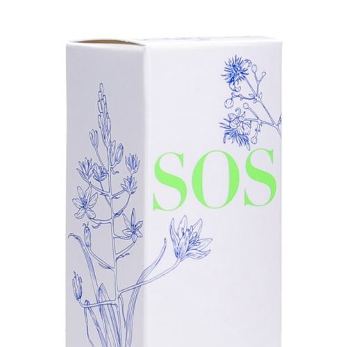 White SOS skincare box with botanical drawings by Jessine Hein